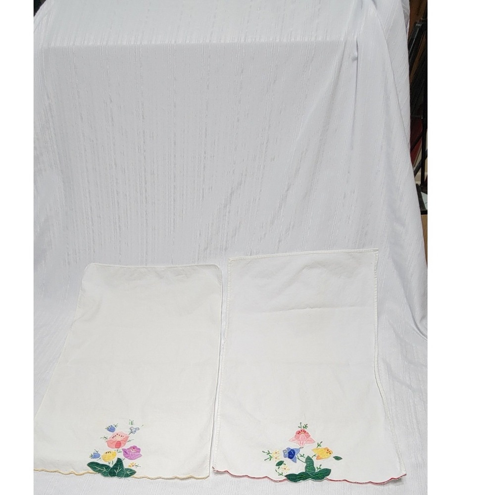 2 Vintage Hand Embroidered Floral Applique Scallop Edge Cotton Dish towels